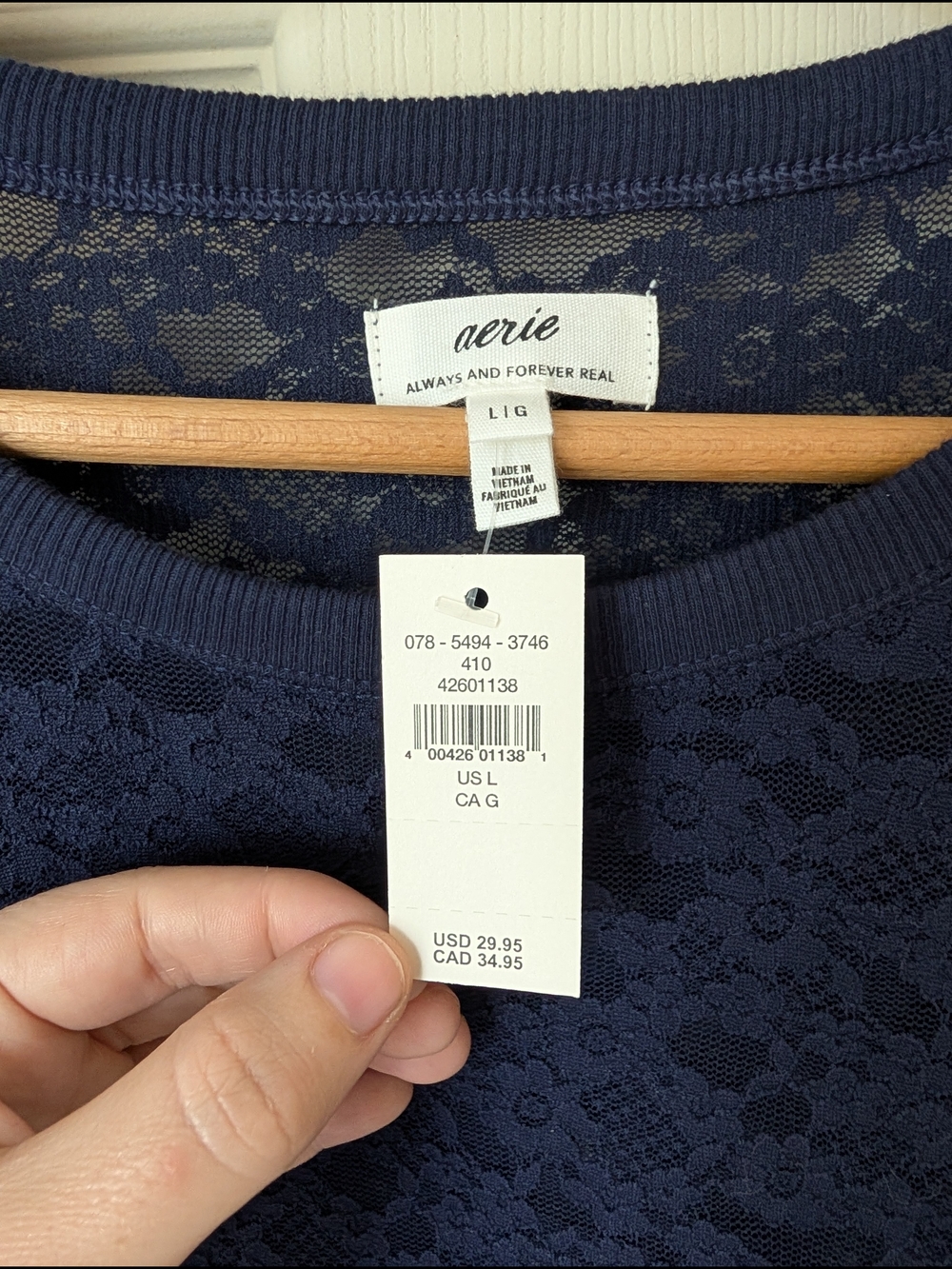 NWT aerie Navy Floral Lace Semi-sheer Short Sleeve Top Large - Picture 4 of 7